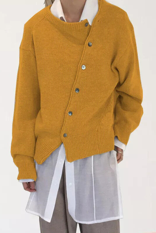Stylish Irregular Button Knitted Crew Neck Sweater-consonak