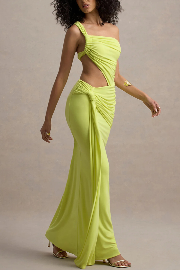 Sexy One-shoulder Backless Ribbon Pleated Slim Maxi Dress-consonak