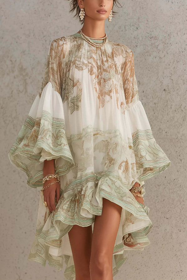 Mini Dress with Flared Sleeves and Printed Ruffles-Consonak