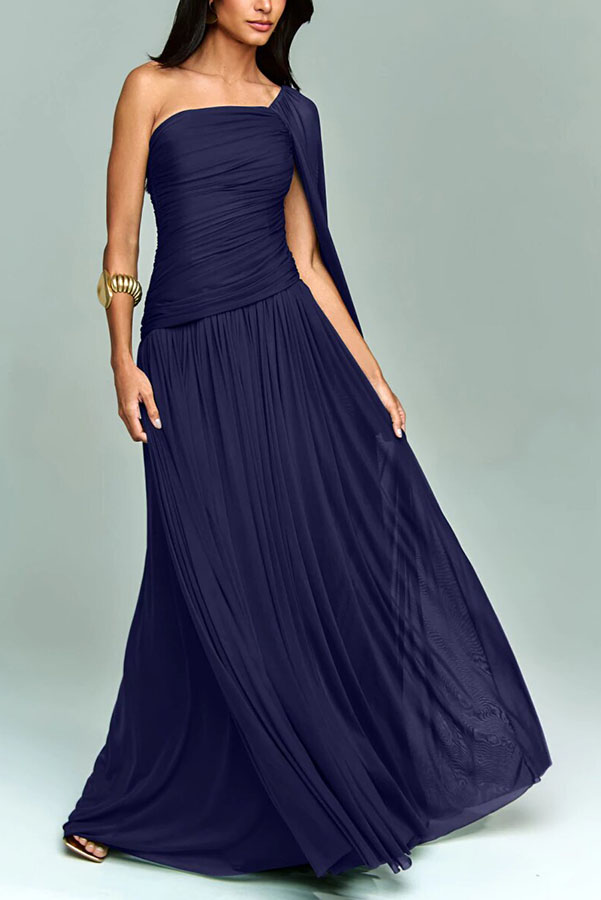 Marsala Ruched Tulle One Shoulder Asymmetrical Floor-length Sleeve Drape Maxi Dress