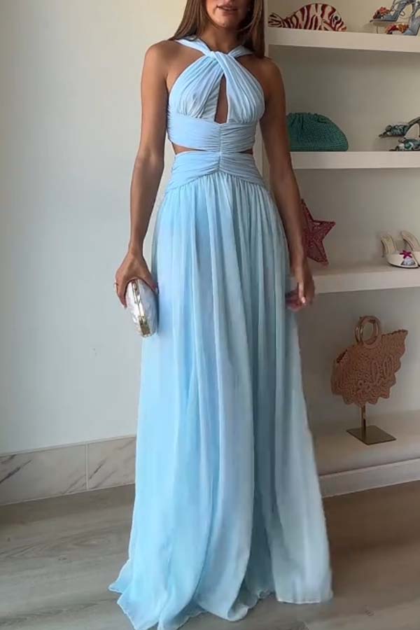 Graceful Modern Chiffon Twist Halter Neck Cutout Pleated Maxi Dress-consonak
