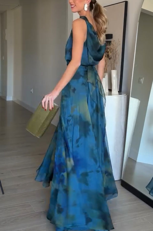 Ione Chiffon Ombré Print Cowl Neck Top and High Rise Maxi Skirt Set with Scarf