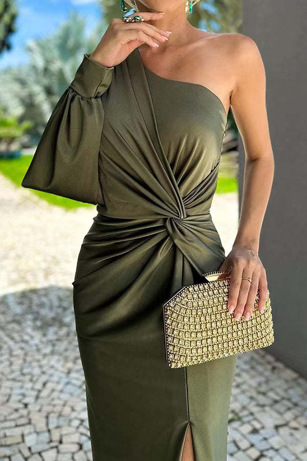 Country Party Charm Satin One Shoulder Twist Detail Slit Maxi Dress-consonak