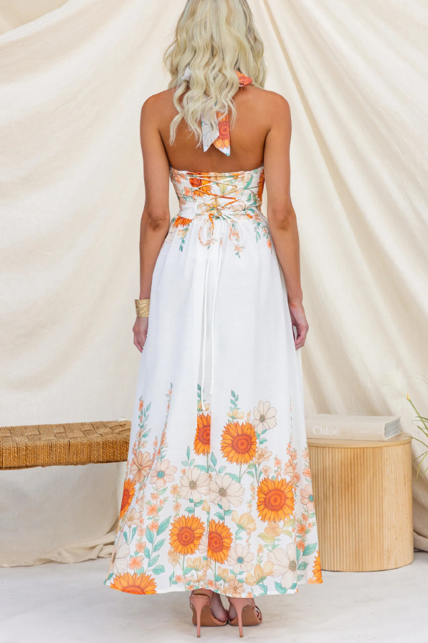 Sunflower Print V-neck Fitted Waist Elegant Maxi Dress