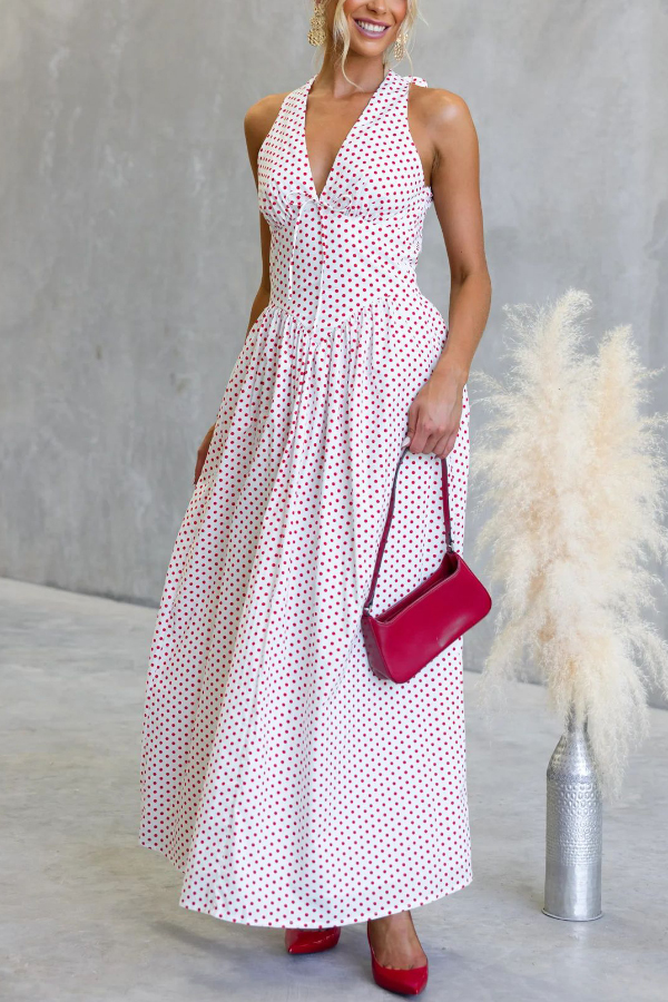 Polka Dot Print Halter Neck Fitted Waist Holiday Maxi Dress-consonak