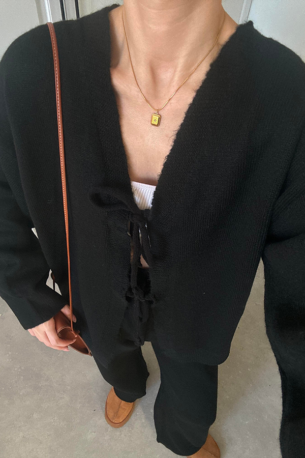 Solid Color V-neck Tie Long-sleeved Loose Knit Cardigan and Elastic Waist Casual Straight Leg Pants Set-consonak