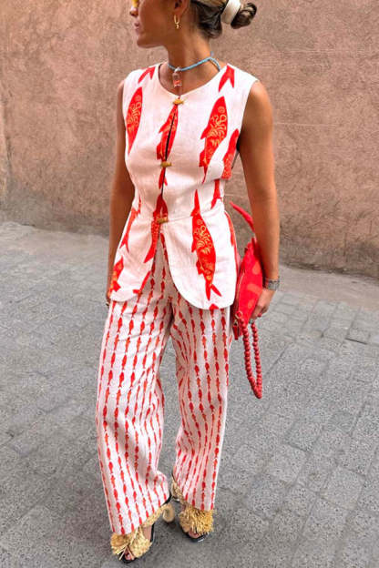 Good Luck Linen Blend Koi Pattern High Rise Elastic Waist Loose Pants-consonak