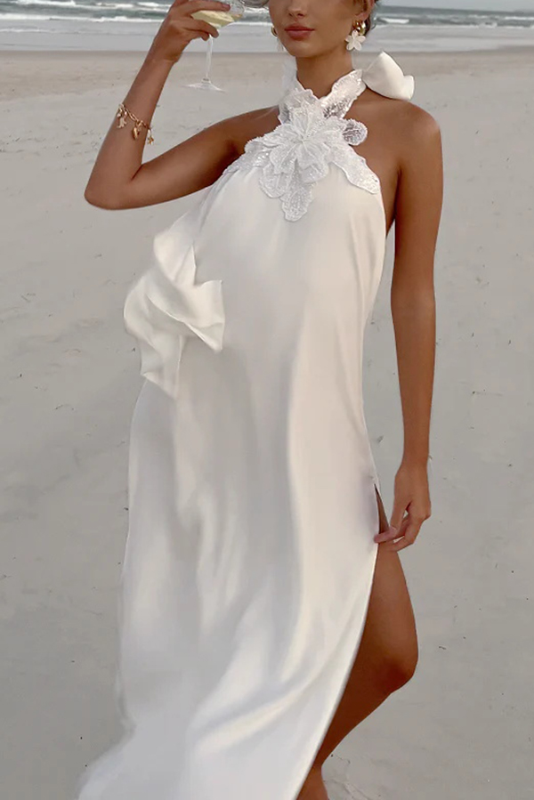Floral Embellished Satin Halterneck Backless Resort Maxi Dress-consonak