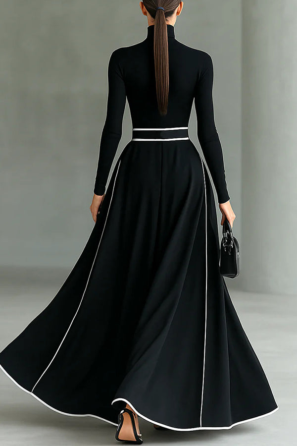 Stylish Color-blocked Trim High-neck Long-sleeved Casual Pockets Maxi Dress-consonak