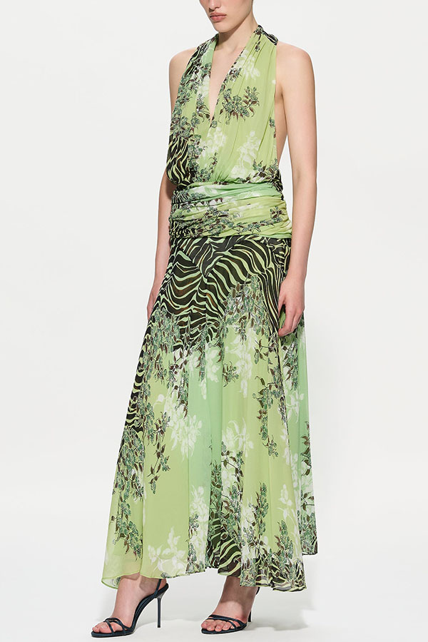 Lyra Floral and Animal Prints Ruched Waist Halter Backless Tank and High Rise Maxi Skirt Set