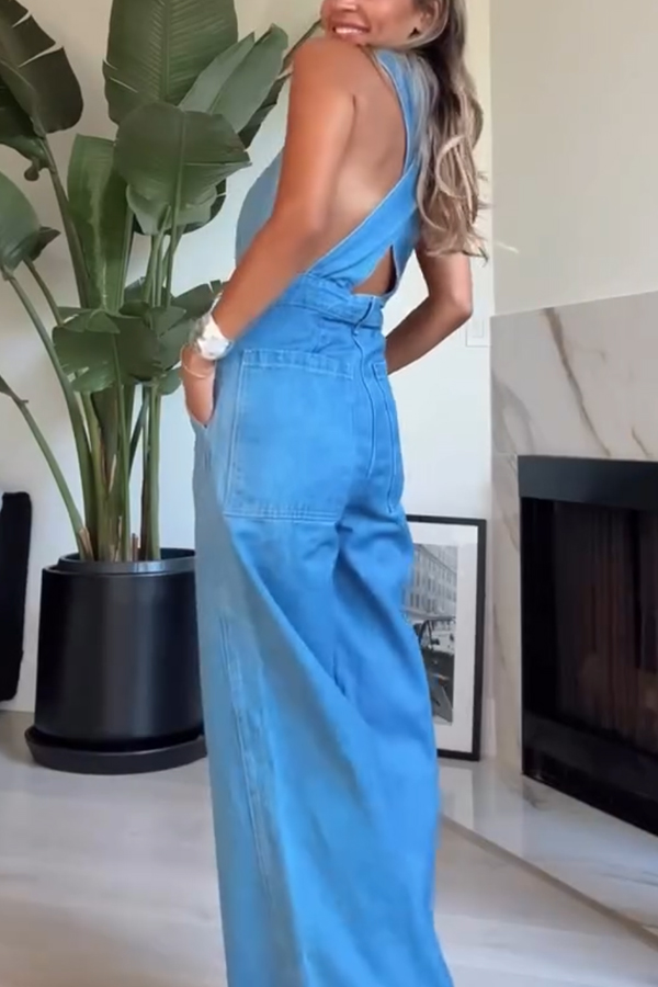 Bold Design Denim Vest-inspired Bodice Crisscross Strap Pocket Loose Jumpsuit