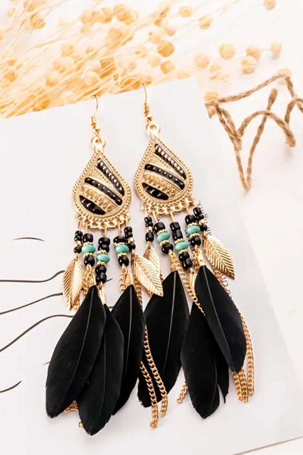 Boho Vintage Colorful Feather Tassel Dangle Drop Earrings-consonak
