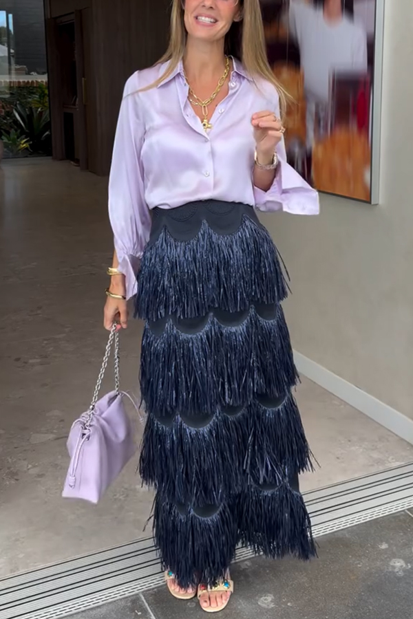 Freestyle Dance Steps Layered Tassels High Rise Back Zipper Slit Maxi Skirt-consonak