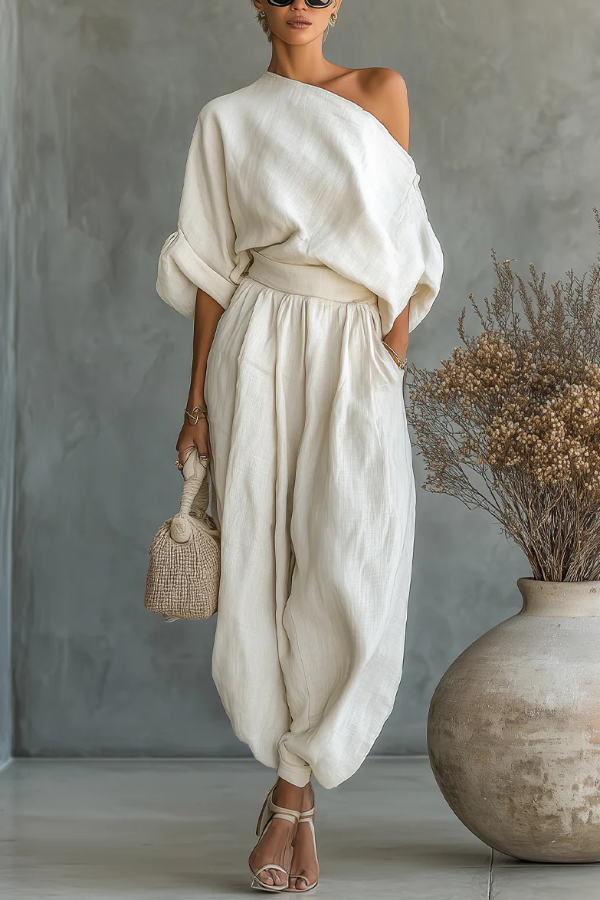 Solid Color Off-shoulder Loose Top and Elastic Waist Casual Pocket Wide-leg Pants Set | Consonak