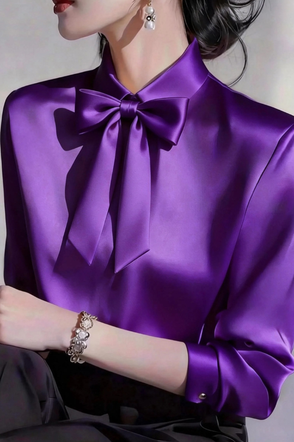 Solid Color Lapel Bow Tie Long-sleeved Casual Shirt-consonak