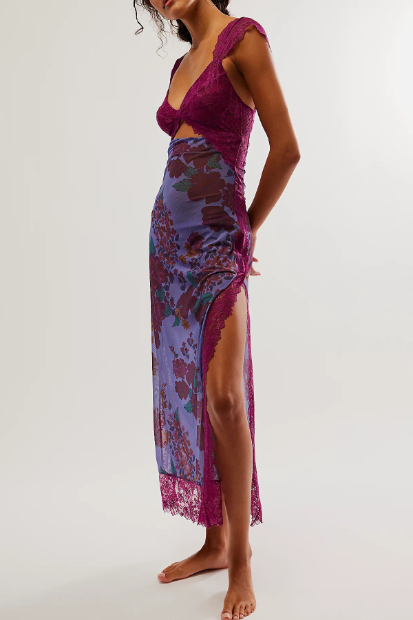 Floral Print Lace Patchwork Hollow-out Slim-fit Midi Dress-consonak