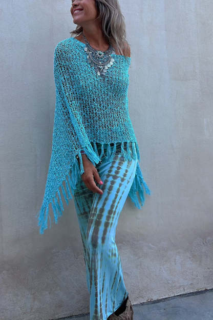 Sunset Breeze Hollow Out Tassel Knit Cover-up Top-consonak