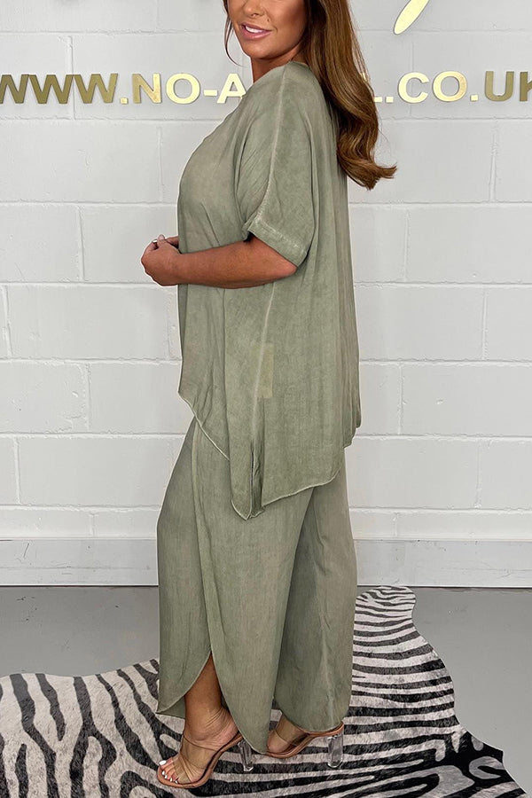 Greyson Flowy Loose Blouse and Elastic Waist Slit Pants Set-consonak