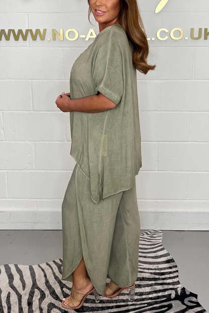 Greyson Flowy Loose Blouse and Elastic Waist Slit Pants Set-consonak