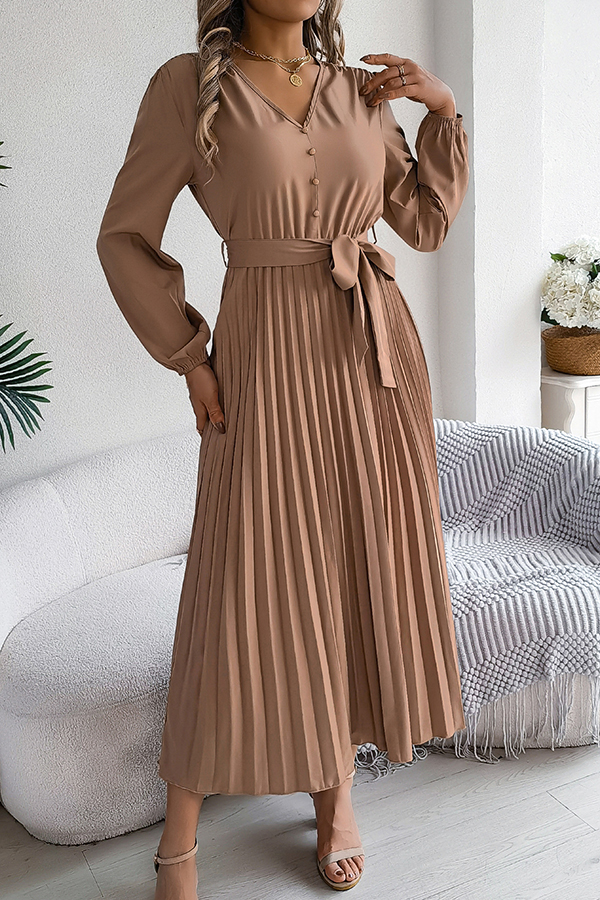 Solid Color Elegant V-neck Buttoned Lace-up Pleated Maxi Dress-consonak