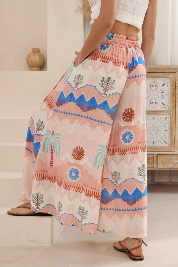 Resort-style Unique Printed Casual Stretch Waist Drawstring Pocket Wide-leg Pants