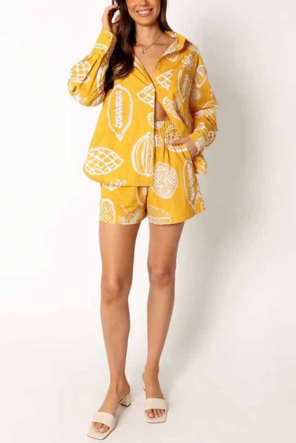 Parkside Pretty Tropical Fruit Print Loose Shirt and Elastic Waist Pocketed Shorts Set-consonak