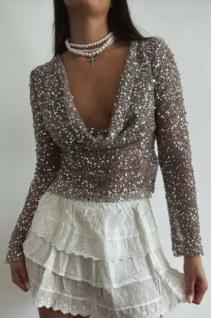 Fashionable Sequined Fishnet Casual Long-sleeved Top-consonak