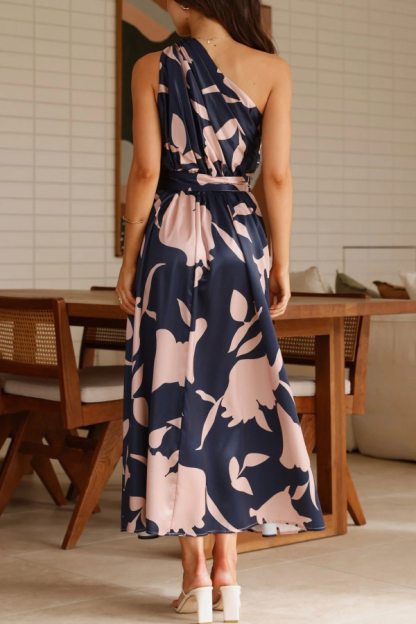 Unique Printed One-Shoulder Belt Casual Holiday Maxi Dress