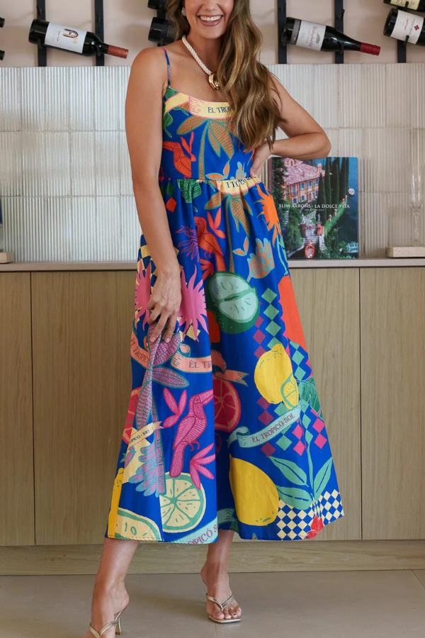 Linen Blend Unique Print Square Neck Pocket Casual Vacation Maxi Dress