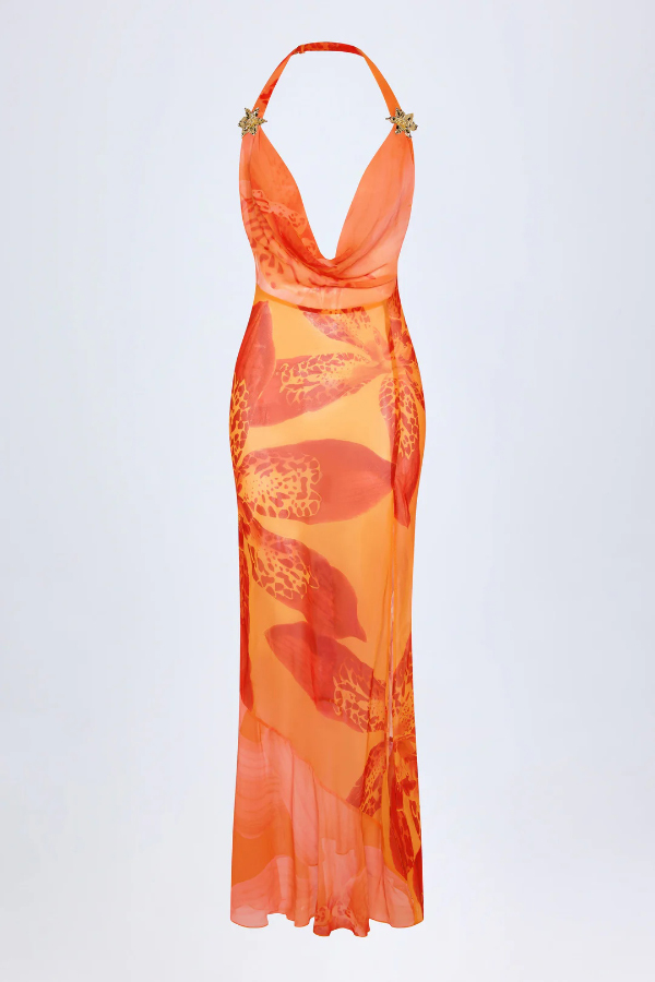 Unique Print Halter Neck Backless Sexy Slit Holiday Maxi Dress-consonak