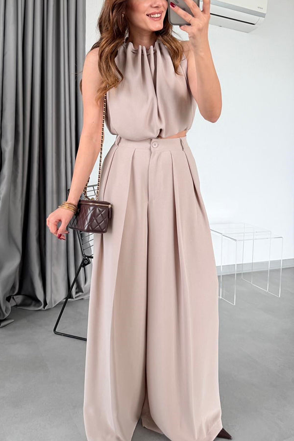 Macie Pleated High Neck Sleeveless Top and High Rise Pocket Wide Leg Pants Set