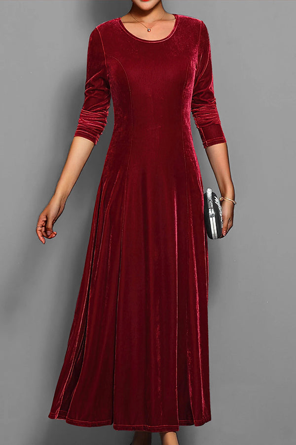 Solid Color Velvet Round Neck Long Sleeve Slim Midi Dress-consonak