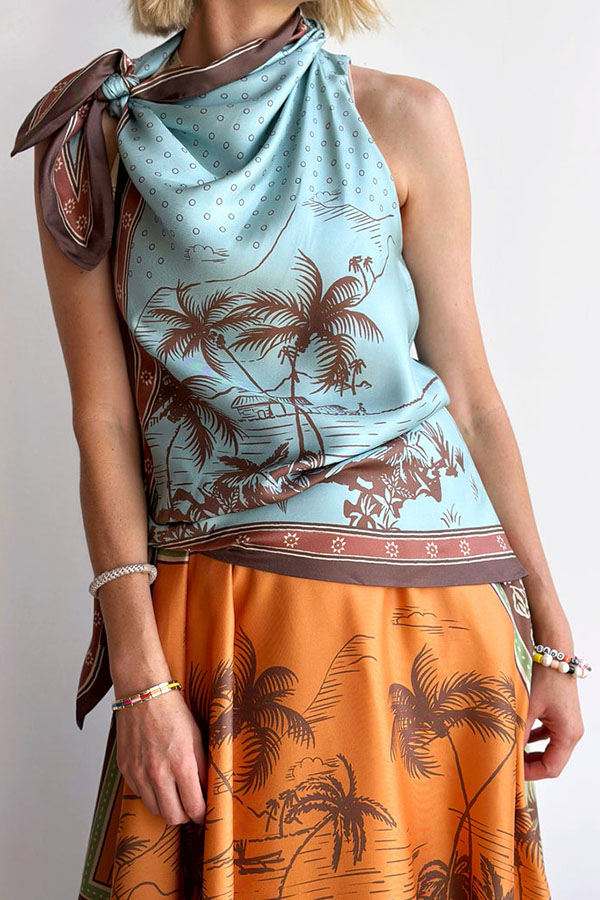 Alberta Satin Unique Color-blocked Print Tie Detail Layered Scarf Midi Dress-consonak