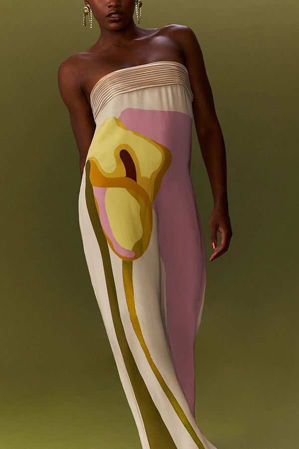 Dalva Calla Lilies Print Pleated Metallic Fabric Patchwork Bandeau Loose Maxi Dress-consonak