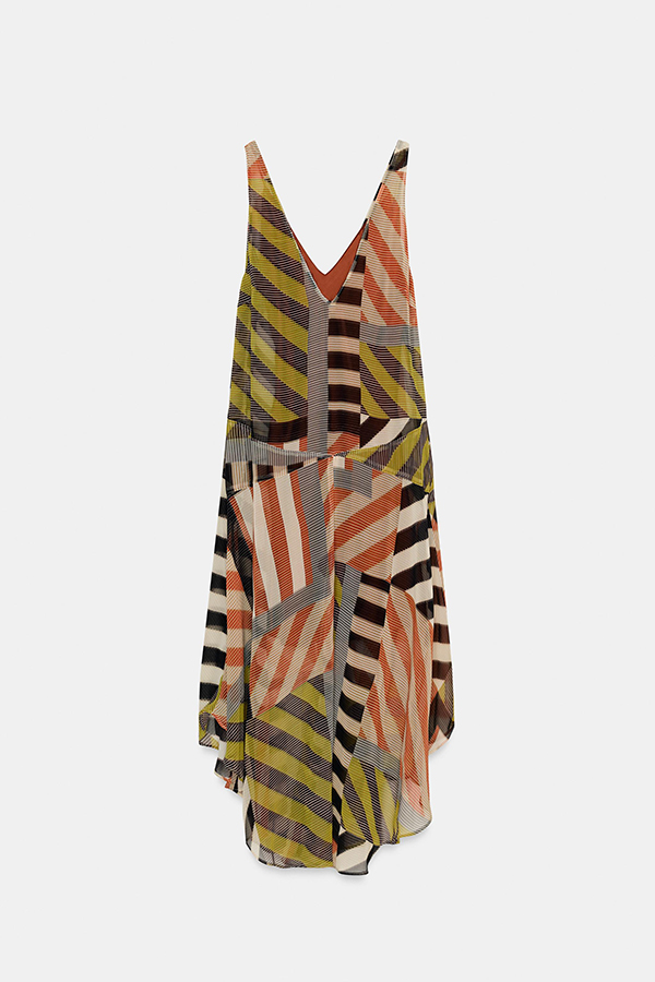 Khloe Patchwork Striped Color Block Print Wide Straps Asymmetric Hem Drape Midi Dress-consonak