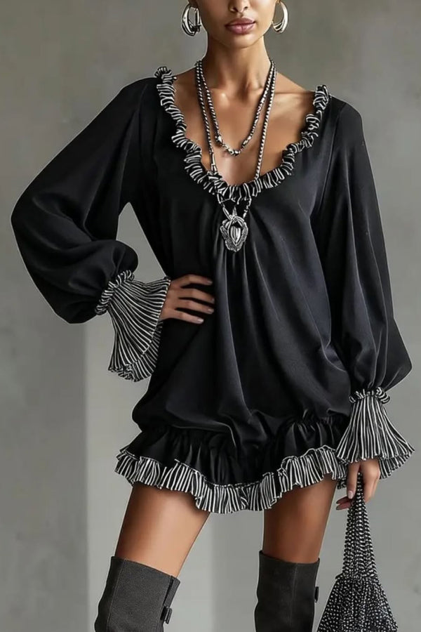 Fashionable Patchwork Ruffled Loose Long-sleeved Casual Mini Dress