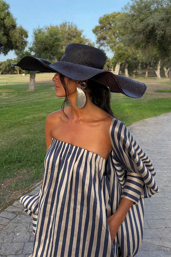 Berry Satin-Striped Detachable Balloon Sleeve Jacket Strapless Maxi Dress | Consonak