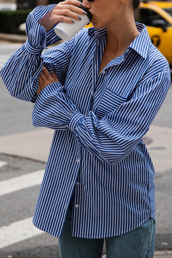 Striped Print Ruffled Long Sleeve Pockets Loose Shirt-consonak