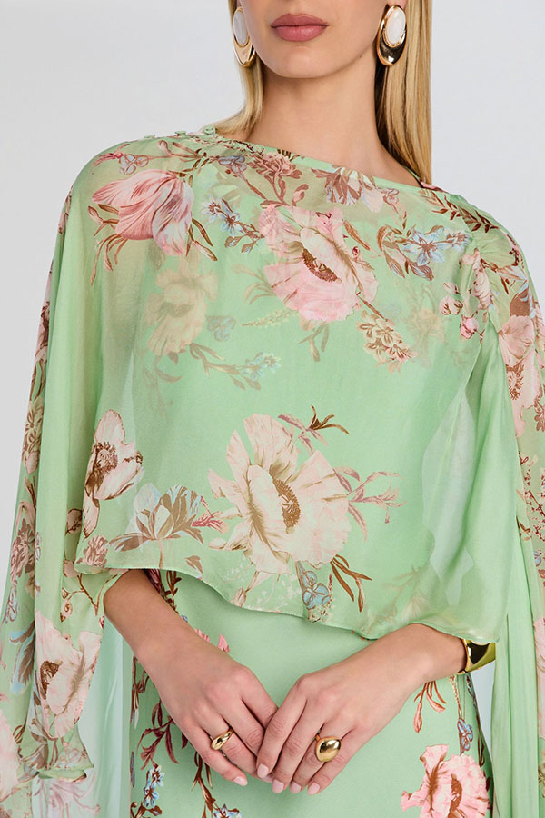 Love in Bloom Floral Print Asymmetrical Chiffon Cape Maxi Dress