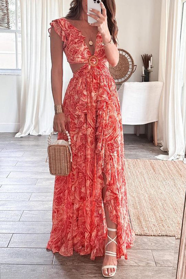 Boldest Bloom Floral Printed Ruffle Sleeve Cutout Maxi Dress-consonak