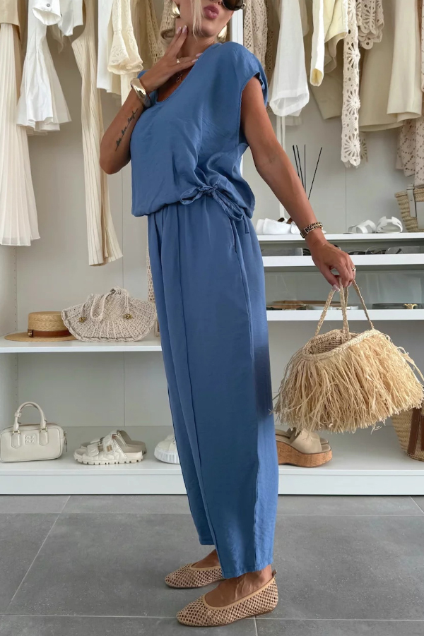 Linen Blend Solid Color V-neck Short-sleeved Top and Elastic Waist Pocket Bloomers Pants Set