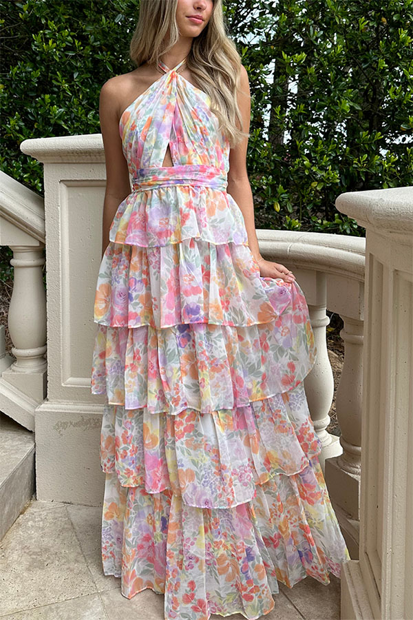 Harmony Floral Print Tiered  Ruffle Cross Halter Backless Vacation Maxi Dresses-consonak