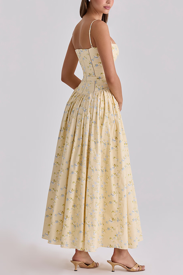 Romantic Countryside Stretch Cotton Blend Floral Print Cutout Trim Slip Midi Dress-consonak