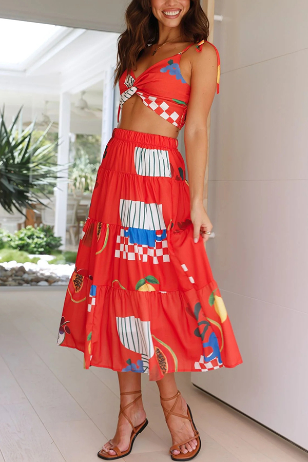 Unique Printed Sexy Camisole Elastic Waist Long Skirt Two Piece Set-consonak
