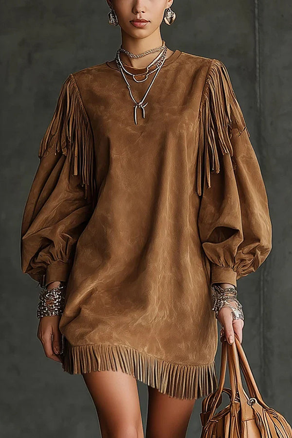 Solid Color Suede Loose Round Neck Lantern Sleeve Tassel Mini Dress-consonak