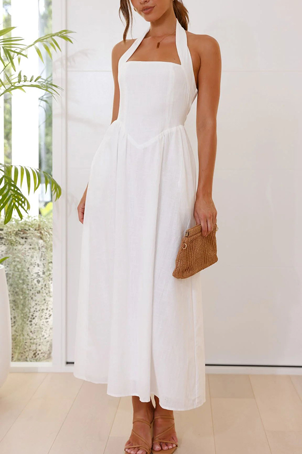 Brunch in Bali Linen Blend Halter Neck Pocketed Maxi Dress-consonak