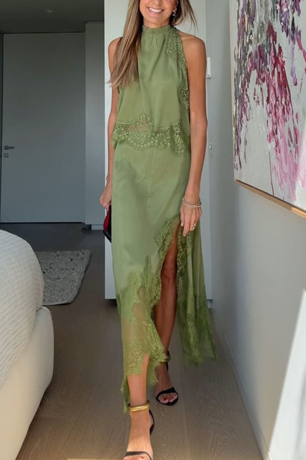 Modern Muse Satin Lace Trim Pleated Neck Top and A-line Irregular Slit Skirt Set | Consonak