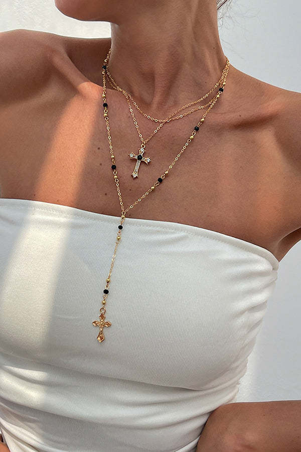 Fashionable Diamond Cross Chain Elegant Multi-layered Necklace-consonak