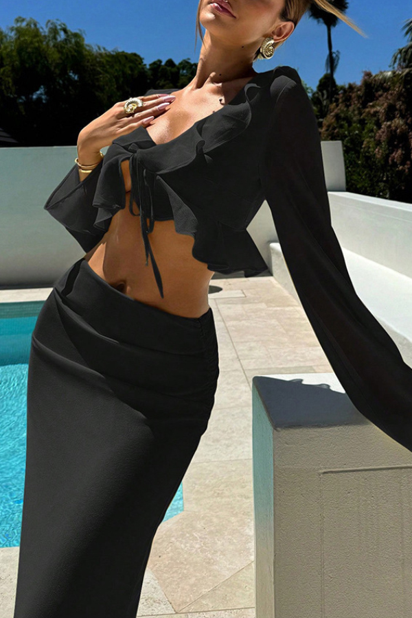 Solid Color V-neck Ruffled Long-sleeved Top and Elegant Slim-fit Maxi Skirt Set-consonak