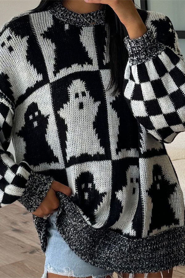 Halloween Ghost & Checkerboard Oversized Knit Sweater-Consonak